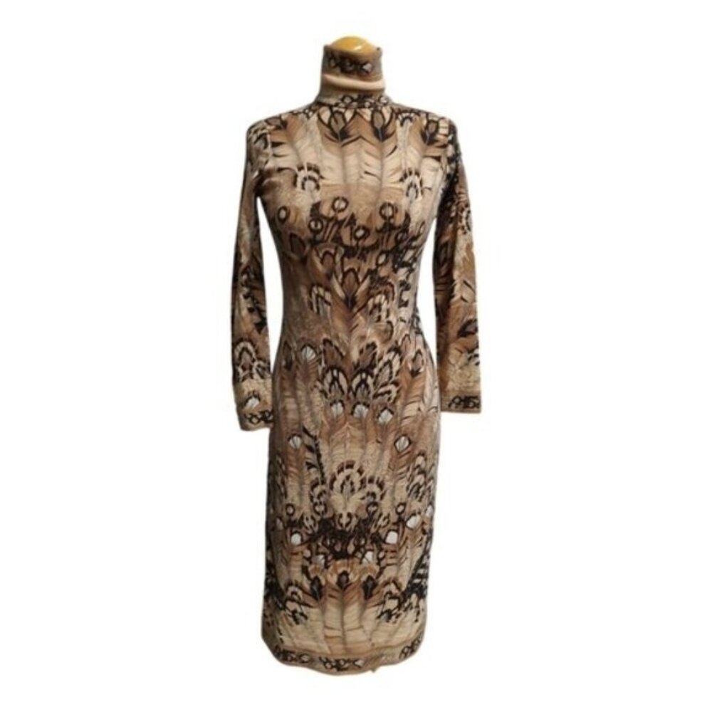 Vintage 70s Leonard Fashion Brown Feather High Neck Knit Wool Maxi Dress